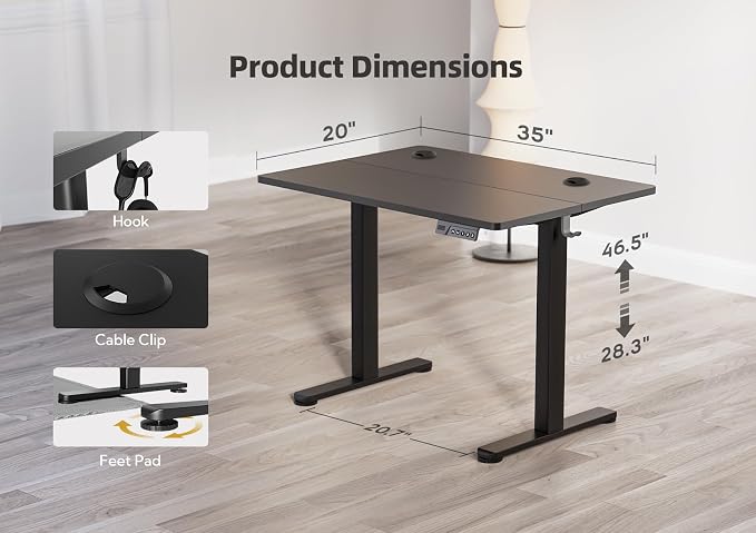YDN Electric Standing Desk Adjustable Height, 35 x 20 Inches Stand up Desk with Cable Management, Home Office Desks with Splice Board & Black Frame, Black Top