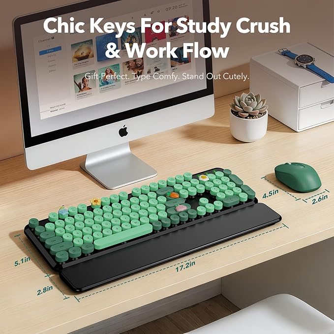 Wireless Keyboard and Mouse Combo-Round Keycaps, Full-Size Retro Typewriter Keyboard with Detachable Wrist Rest, Sleep Mode & Tilt Legs, 2.4GHz Cordless Connection for Mac/Windows/PC (Black & Green)