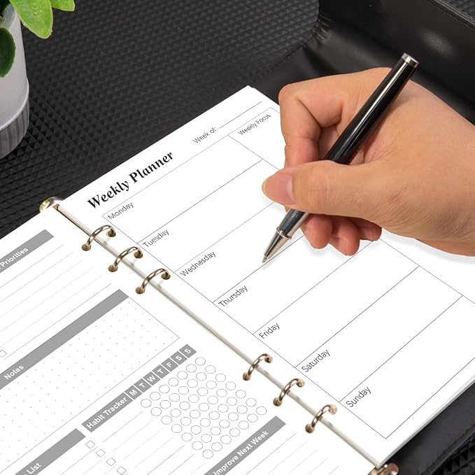 Weekly Planner Refills for A5 Binders - 53 Sheets/106 Pages Undated Weekly Planner, 6-Hole Punched, 100 gsm White Paper, Lasts 1 Year, Undated, 5.8" x 8.3", Black