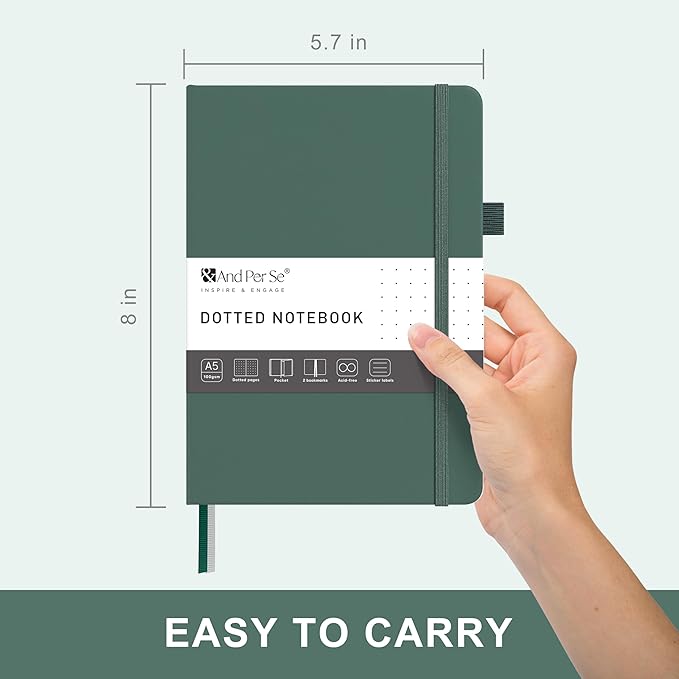 &And Per Se Dotted Journal Notebook – A5 Hardcover, 160 Pages 100gsm Paper, Dot Grid Notebook for Planning & Creative Journaling, 3 Sticker Sheets Included (Dark Green)