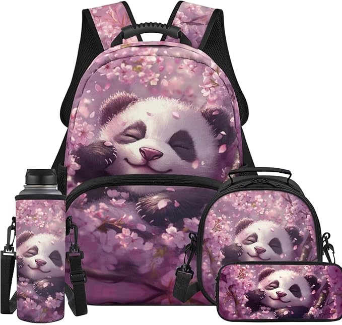 Ystardream Kids Backpack for Girls Cherry Blossom Panda Backpack and Lunch Box Set Large Capacity Elementary School Bookbag with Pencil Case Water Bottle Sleeve 4 in 1 for Teens Back to School Gift