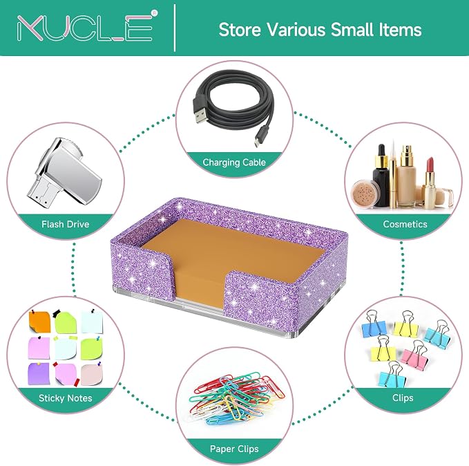 Sticky Note Holder, Glitter Purple Acrylic Notepad Holder 4x6 in Self-Stick Note Dispenser Office Desk Accessories, Memo Pad Holder Organizer for Classroom School Supplies