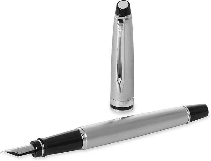 Waterman Expert Fountain Pen, Stainless Steel with Chrome Trim, Fine Nib with Blue Ink Cartridge, Gift Box