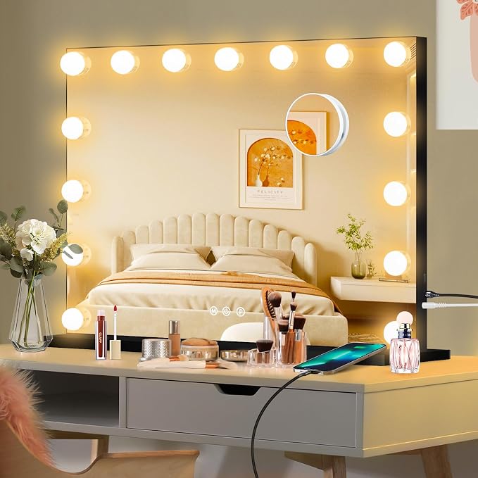 Moonee Vanity Mirror with Lights, Black Hollywood Lighted Makeup Mirror with 15 Dimmable Bulbs and 10X Magnification, 3 Colors Modes, Aluminum Metal Frame, Light Up Mirror for Tabletop/Wall（23" x 18"）