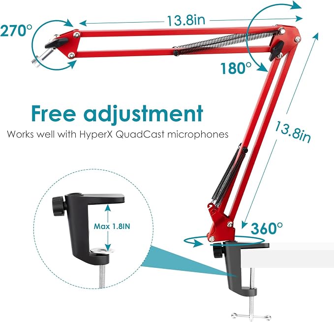Red Mic Arm Compatible with HyperX QuadCast S - Premium QuadCast S Microphone Boom Arm for Gaming, Streaming by YOUSHARES