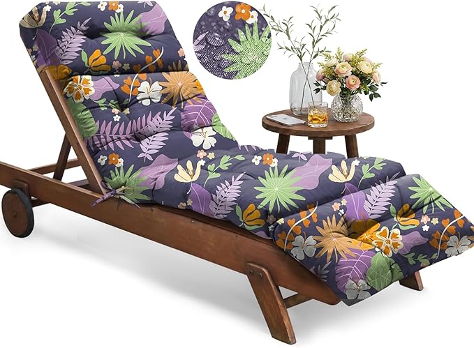 Outdoor Chaise Lounge Chair Cushion Waterproof 74.4 x 22 x 4.7 Inches Thickened Memory Foam Patio Lounge Chair Cushions Replacement for Outdoor Furniture with Ties, Purple Floral Leaf