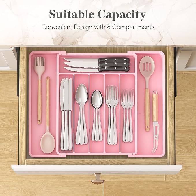 Lifewit Silverware Drawer Organizer, Expandable Utensil Tray for Kitchen, BPA Free Flatware and Cutlery Holder, Adjustable Plastic Storage for Spoons Forks Knives, 10.9"-17.5" x 13.7", Pink