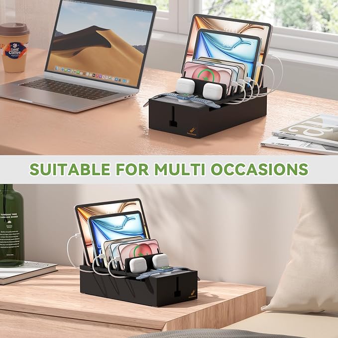 Pezin & Hulin Multi Charger Station Organizer - Black Bamboo | 5-Port HUB with 6 Cable, Cable Management Box, Cord Organizer for Desk, Wire Organizers and Storage for Cord and Power Strip