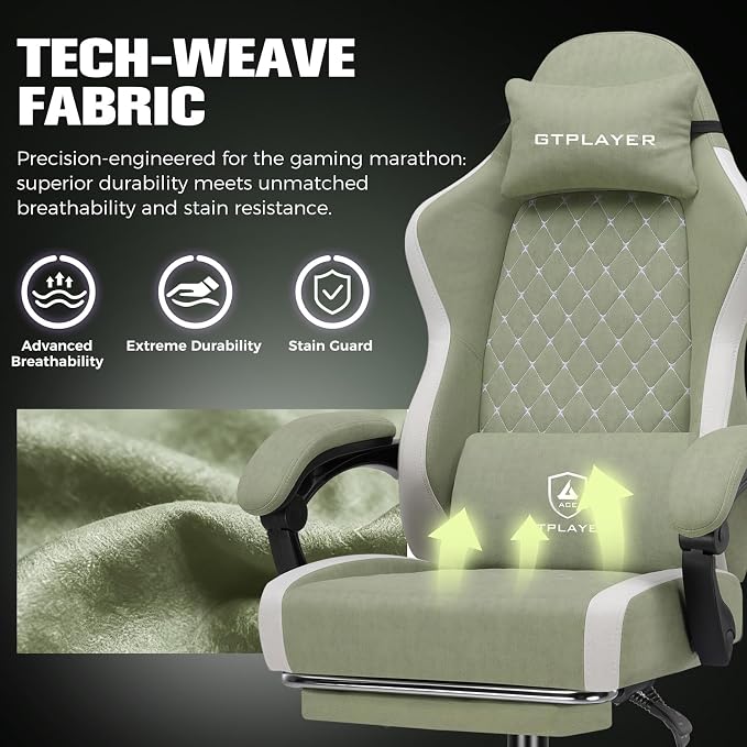 GTPLAYER Big and Tall Gaming Chair 350lbs Heavy Duty Office Chair with Foot Rest, High Back Pocket Spring Ergonomic Computer Chair for Adults, Wide Comfy Seated Cushion with Linkage Armrests, Green