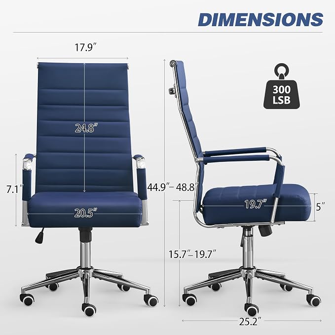 JOMEED Office Desk Chair,Conference Room Chair,High Back PU Leather Swivel | Modern Executive Ribbed Design, Ergonomic, Height Adjustable, Wheels and Arms, for Home Office(Blue-Silver Frame)