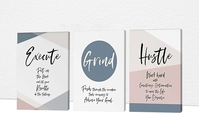 Office Wall Art - 3 Panel Motivational Wall Art, Inspirational Quotes Canvas Art for Home Office Wall Decor, Positive Quotes Wall Decor, Entrepreneur Grind Hustle Execution Poster Frame (16”x24”x3Pcs)