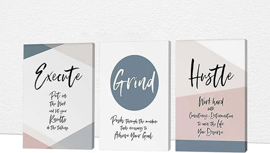 Office Wall Art - 3 Panel Motivational Wall Art, Inspirational Quotes Canvas Art for Home Office Wall Decor, Positive Quotes Wall Decor, Entrepreneur Grind Hustle Execution Poster Frame (16”x24”x3Pcs)