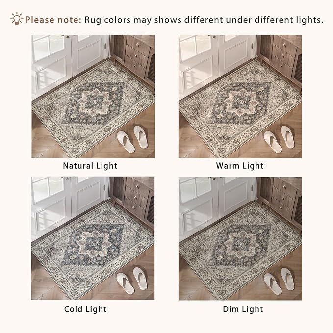 Tangsoo 2x3 Washable Rugs for Entryway, Vintage Non Slip Small Area Rug, Farmhouse Indoor Front Door Rug, Door Mat Small Carpet, Soft Low Pile Entry Rug for Entrance Kitchen Bedroom Grey/Multi
