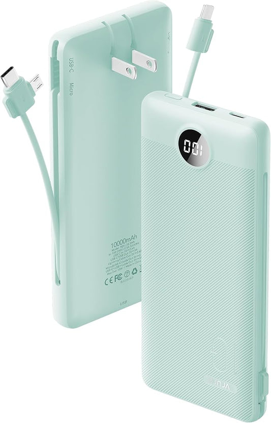 VRURC Portable Charger Built-in Cables and AC Wall Plug, USB C Power Bank 10000mAh, Travel Battery Portable Phone Charger Compact Lightweight External Battery Pack for Smart Phones, Tablets etc-Green