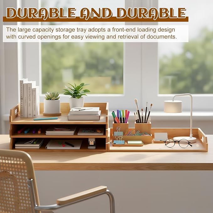 4 Pcs Stackable Paper Tray Bamboo Wood Desk Organizer Letter Tray 4 Tier Wooden File Organizer Desk Shelf for Documents, Letter Sorter, Envelopes and Magazine Holder