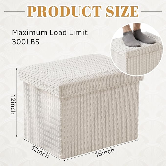 Thyle Storage Ottoman Cube, Small Foldable Footrest Stool for Under Desk Use, Sturdy Corduroy Ottoman with Storage for Snacks, Toys, Living Room, Bedroom, Dorm or Home Office, 16x12x12 Inch(Beige)