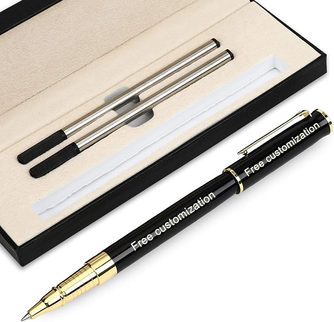 1314 Free Engraving pen Personalized custom pens Roller Ballpen, Ballpoint pen, Ball pen, Medium Refill Pen Black Ink, Custom Gifts for Men, Women, Classy Gift Box (Black Style 1)