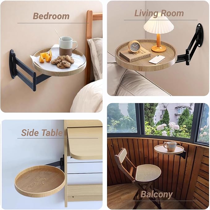 Wall Mounted Folding Table Round Floating Desk for Wall Small Wood Bedside Folding Wall Desk with Retractable Shelf for Bedroom Living Room Study (White Oak, 11.8in(30cm))