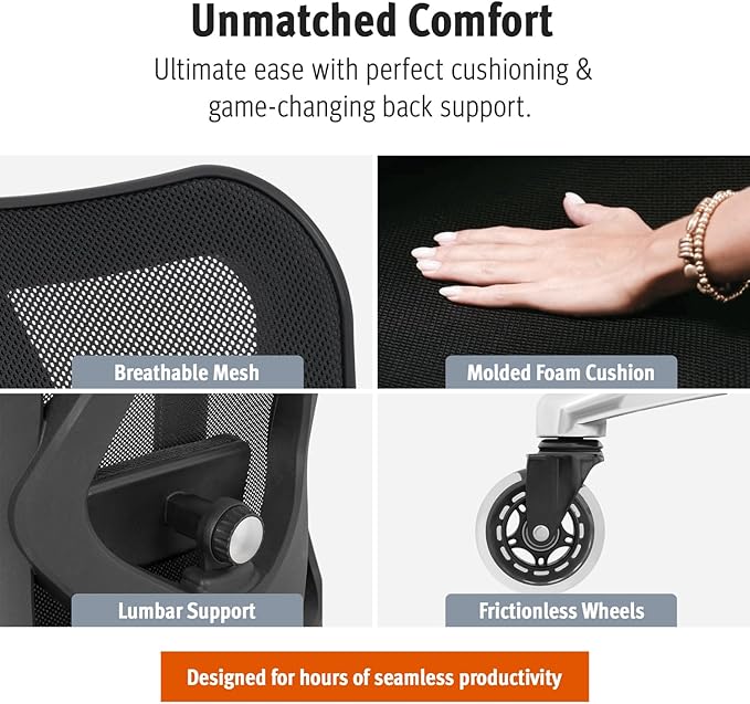 Duramont Ergonomic Office Chair | Adjustable Desk Chair with Lumbar Support and Rollerblade Wheels | High Back Chair with Breathable Mesh | Thick Seat Cushion