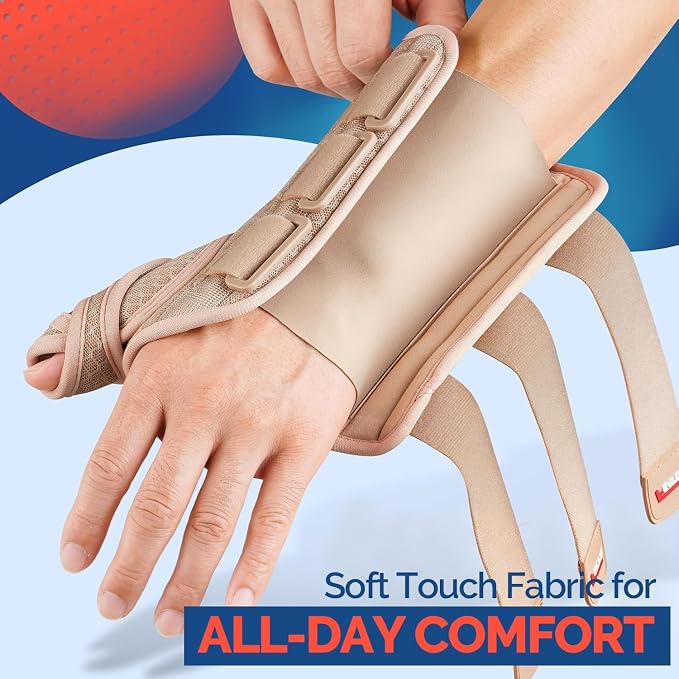 FEATOL Carpal Tunnel Wrist Brace Night Support, Thumb Spica Splint Right Hand for De Quervains Tenosynovitis, Tendonitis, Thumb Brace for Women Men, Beige, Medium/Large