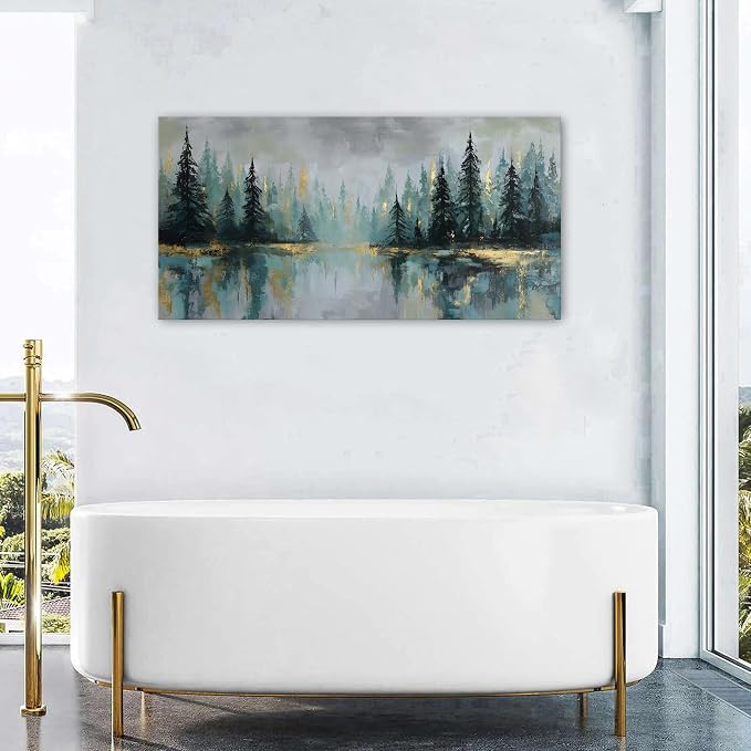 Green Forest Wall Art Vintage Fog Pine Trees Landscape Wall Decor Nature Green and Gold Forest Lake Scenery Canvas Prints Pictures Farmhouse Artwork for Kitchen Living Room Home Decorations 24x48"