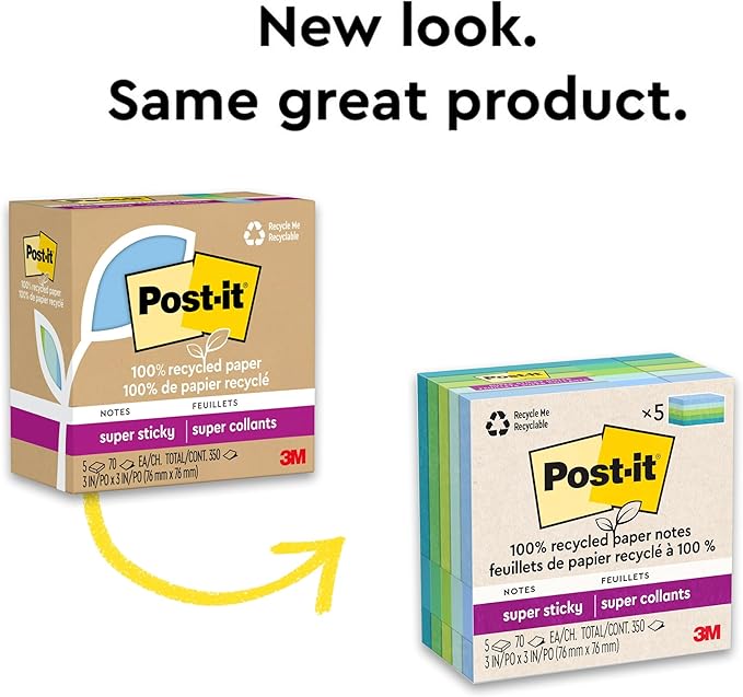 Post-it 100% Recycled Paper Super Sticky Notes, 3 in. x 3 in., 5 Pads, 70 Sheets per Pad, Oasis Collection, New Year Organization or Second Semester School Supplies