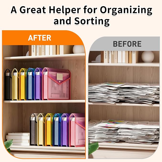 Plastic Expanding File Folder, Transparent Envelopes with Snap Closure | 10 Pack, No Dividers, Large Capacity, Assorted Colors, Fits Letter / A4 Size