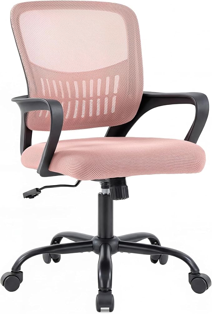 DUMOS Home Office Chair - Ergonomic Mid Back Mesh Desk Chair with Lumbar Support & Rocking Mode, Height Adjustable with Fixed Armrest, for Conference, Computer, 360° Swivel, Adults, Pink