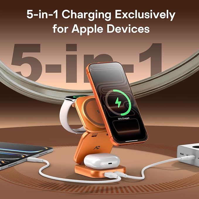 5-in-1 Wireless Charger for MagSafe, AC ISLAND Portable Travel Charging Station, 35W Max QI2 Fast Foldable Magnetic Stand, Evolved for iPhone 17-12 Series, Apple Watch, AirPods (with 35W Adapter)
