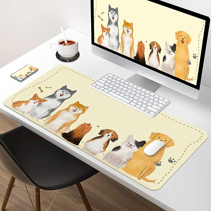 BLESWIN Cut Desk Mat 31.5" x 15.7", Waterproof Leather Desk Mat, Computer Mat for Keyboard or Mouse, Desk Mousepad Non-Slip Writing Pad Leather Blotter, Laptop Desk Pad (31.5" x 15.7", Puppies)