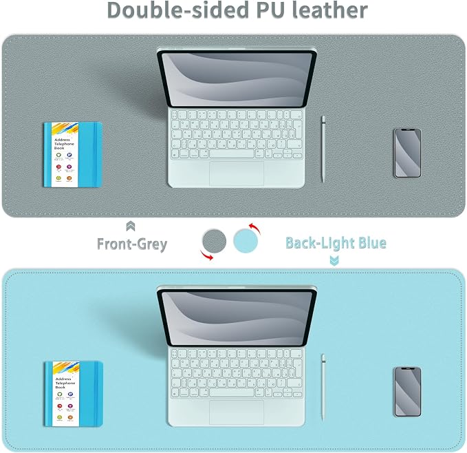 Bleswin Double-Sided Desk Mat, 23.6''×13.8'', PU Leather Mouse Pad, Waterproof Desk Pad, Laptop Leather Desk Mat, Protector for Keyboard and Mouse for Office and Home (Grey+Light Blue)