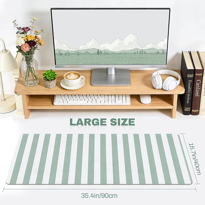 Striped Desk Mat Cute XXL Large Mouse Pad PU Leather Green Striped Desk Pad with Non-Slip Rubber Base, Home Office Decor Keyboard Pad Mouse Mat for Computer Laptop