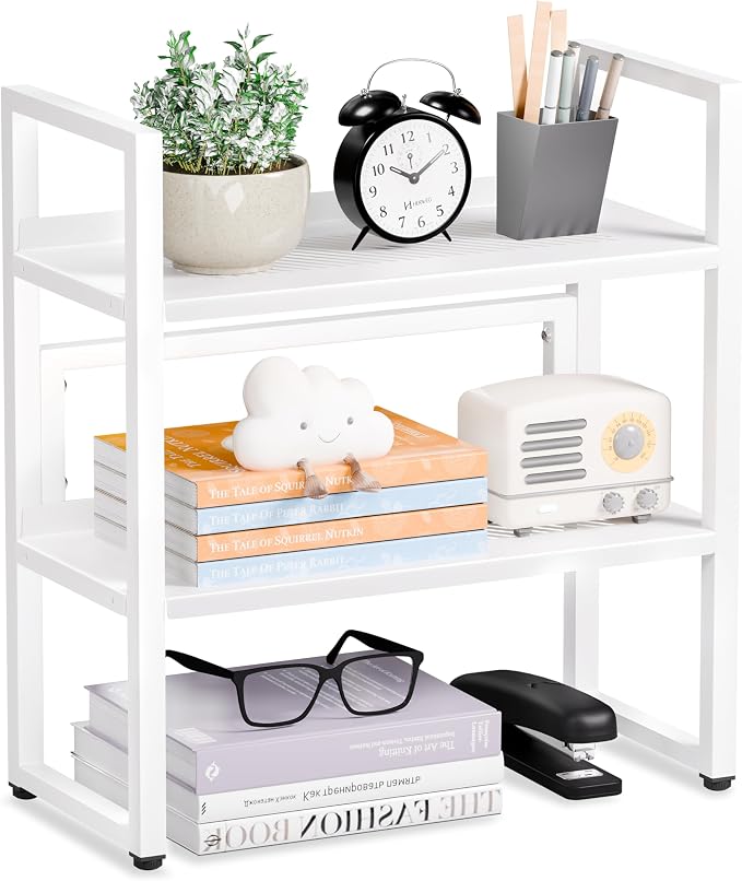 Brakki Desk Shelf Organizer, 2-Tier Desktop Bookshelf, Small Office Shelf | Adjustable Shelf, Metal Desktop Rack for Dorm, with Foot Mat, Multi-Functional Organization, White
