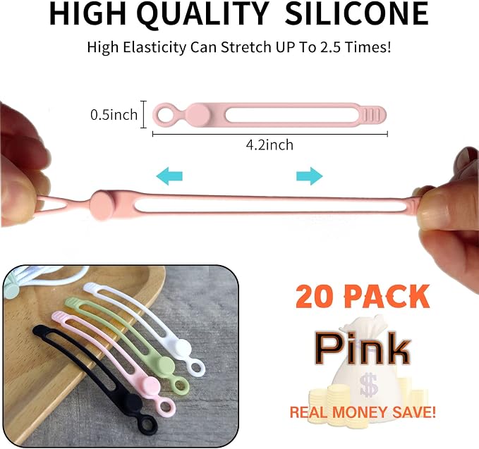 20Pcs UMUST Silicone Cable Ties, Cable Management Cord Organizer Pink | Reusable Cord Ties, Cable Strap Tie for Bundling Electronics Wire,Home Office Travel Essentials Accessories 4.2inch