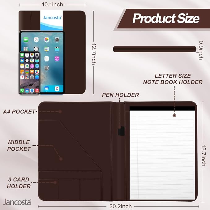 1 Pack Business Padfolio Portfolio Binder, Faux Leather Folio Folder, Resume Legal Document Organizer with Letter Size Writing Notepads (New Brown 1 Pack)