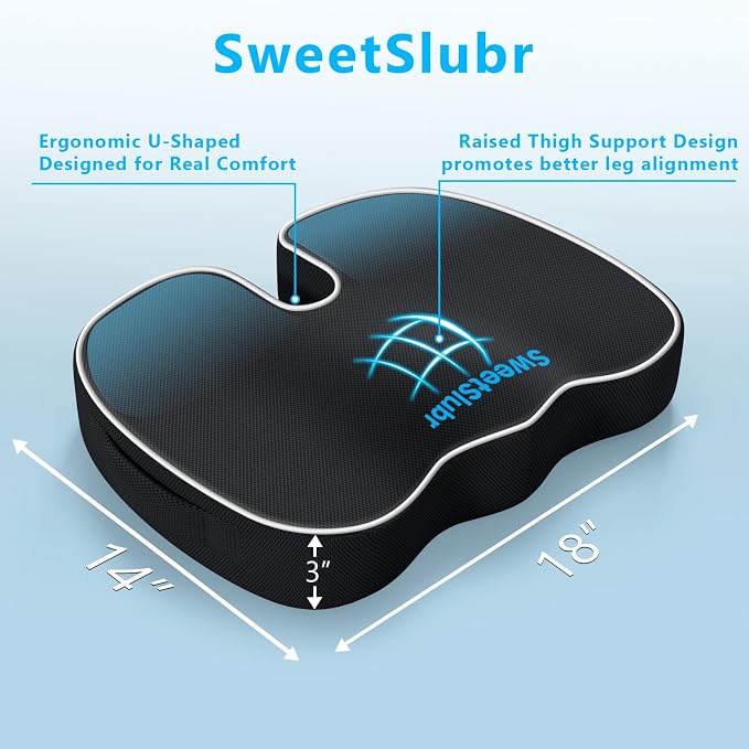 SweetSlubr Ergonomic Memory Foam Seat Cushion & Lumbar Support Pillow Set, Orthopedic Coccyx Cushion for Office Chair, Car, Home – Relieves Back, Sciatica & Tailbone Pain, Improves Posture Black/Large