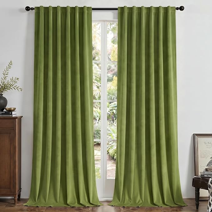 Joydeco Moss Green 100% Blackout Curtains 84 Inch 2 Panels, Luxury Thermal Green Velvet Curtains for Bedroom Living Room, Soundproof Blackout Window Drapes, Rod Pocket & Back Tab (52W x 84L)