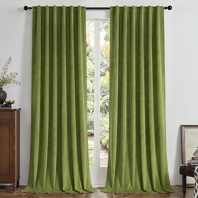 Joydeco Moss Green 100% Blackout Curtains 108 Inch 2 Panels, Luxury Thermal Green Velvet Curtains for Bedroom Living Room, Soundproof Blackout Window Drapes, Rod Pocket & Back Tab (52W x 108L)