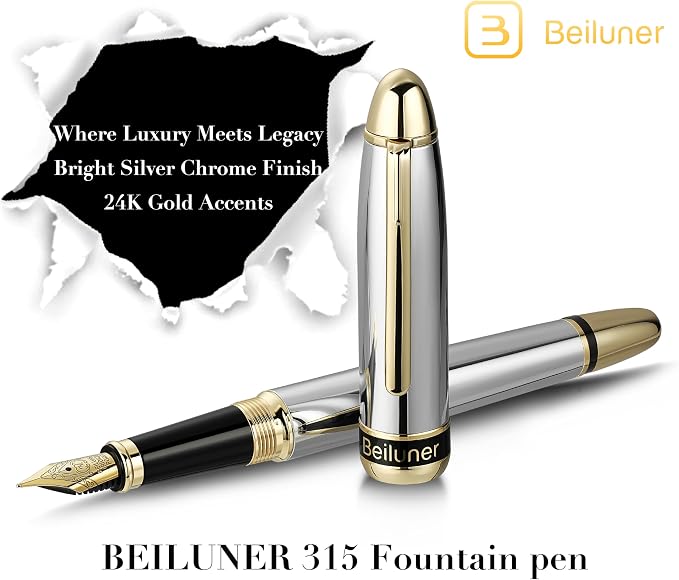 BEILUNER 315 Silver Chrome Fountain Pen,Stunning Luxury Pens with 24K Gold Accents, Gorgeous 24K Gilded Nib(Medium), Ink Converter,Fancy Pen Gift for Men&Women-Elegant, Office, Reliable, Nice Design