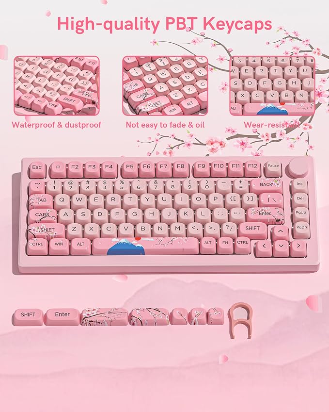 131 Cute Pink Keycaps MOA Cherry Blossom keycap Theme Japanese Keycap Set for Mechanical Keyboard for 61/68/84/87/98/99/100/104/108 Keys,Pink(Only Keycap Set)