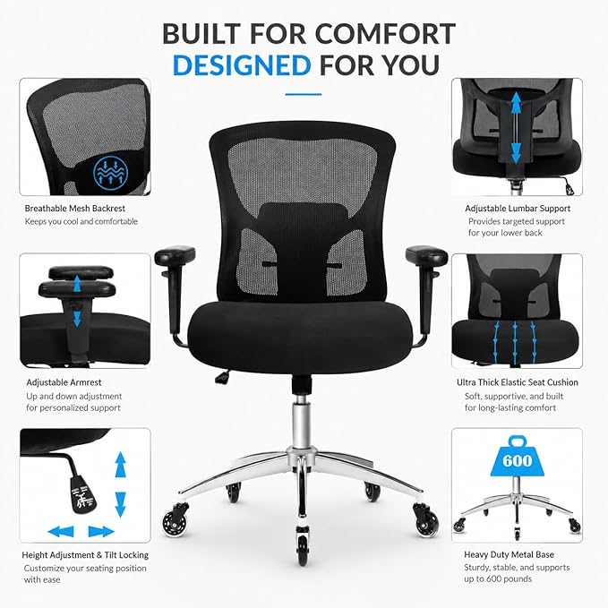 Big and Tall Office Chair 600lbs, Heavy Duty Ergonomic Mesh Chair, Computer Executive Desk Chair with Wide Thick Seat, Adjustable Armrests, Lumbar Support (Black, 600LBS)