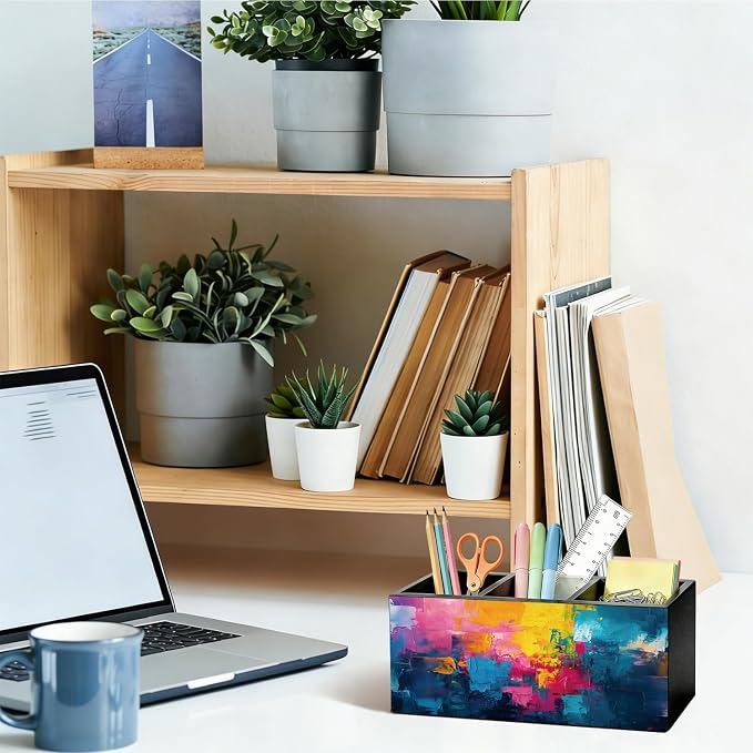 Modern Multicolor Tones Pen Pencil Holder for Desk, Gifts for Women Men, Office Humor Gifts for Coworkers Wooden Box Sign Organizer for Office Workplace Desk Accessories Tabletop Decorations