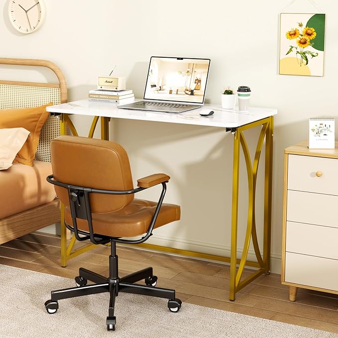 Folding Desk, 31.5" Small Desk for Bedroom, Space Saving Foldable Computer Desk for Home Office, Easy Assembly, White and Gold
