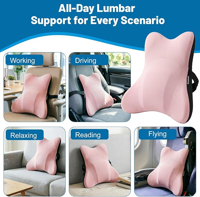 Lumbar Support Pillow, Memory Foam Back Cushion for Car & Office Chair - Pink