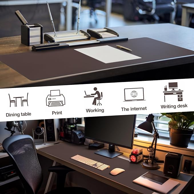 Tegeme Genuine Leather Desk Mat Large Desk Pad 47.2 x 15.7 Inch Non Slip Leather Table Protector with Stitched Edges and Rubber Base Brown Stylish Laptop Mat Smooth Writing for Workspace Home Office