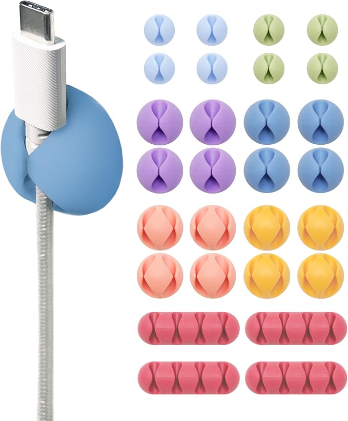 Wrap-It Storage Cable Clips - (Assorted 28-Pack) Macaron | Desk and Nightstand Cable Holder for Phone and Bedside Table Cord Organizer