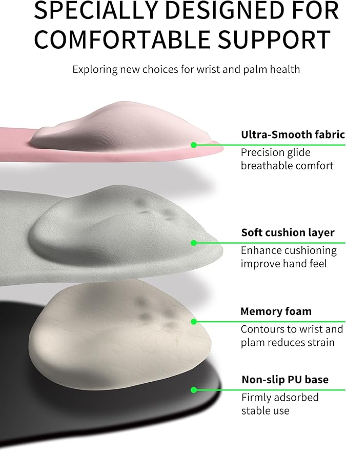 Palm-Rest and Wrist-Hugging Mouse Pad Wrist Rest, Ergonomic Wrist Support with Curve Fitting Cushioned Memory Foam for Carpal Tunnel Pain Relief, 9.9 x 8.3 Inch,Pink Serenity