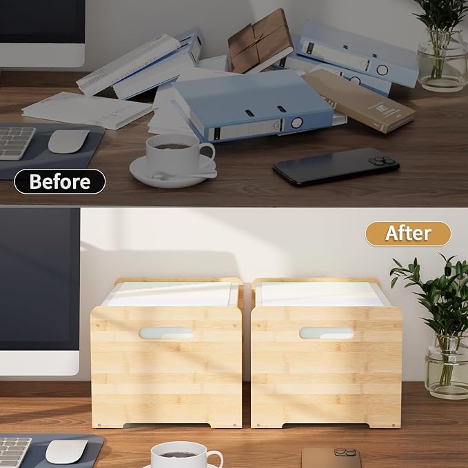 Bamboo Hanging File Organizer, Desktop File Box, Open Top, 2 Pack, Natural | Open-Top Access, 4 Hanging Folders Included, Letter & Legal Files, Sliding Rails, Reinforced Handles, Easy Assembly