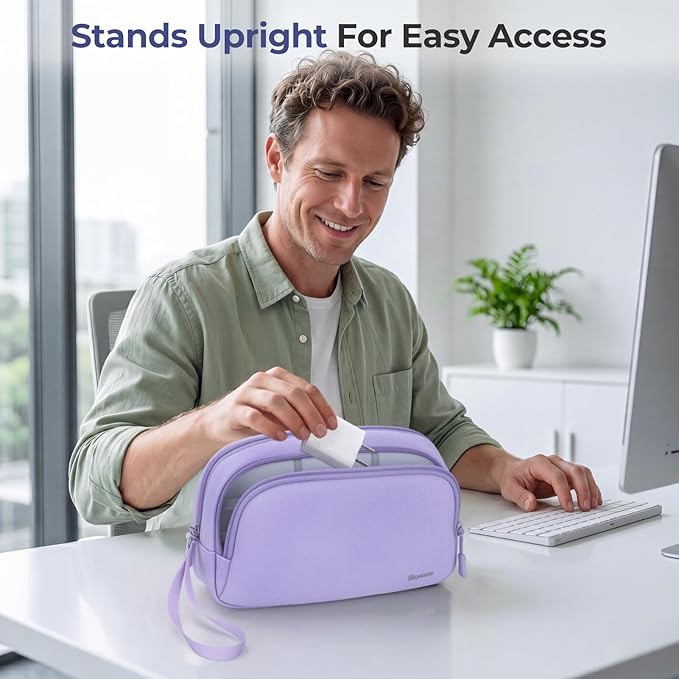 Skycase Travel Cable Organizer - Lightweight Water Resistant Dual-Layer Tech Pouch with Wrist Strap 9 Compartments Electronic Organizer Travel Case for Charger Cord Hard Drive,Small,Purple