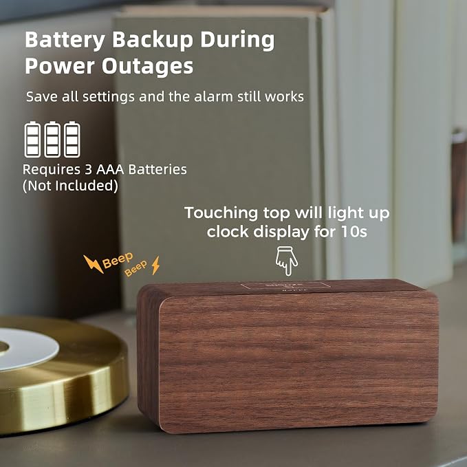 uscce Wooden Digital Alarm Clocks for Bedrooms with 0-100% Dimmable Display | Desk Clock with Large Numbers for Living Room - Loud Dual Alarm for Heavy Sleepers with Volume Control - Wood Decor & Gifts